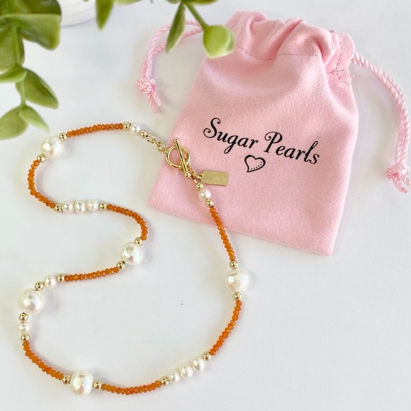 Freshwater Pearl, Carnelian & 14K Gold Necklace - Picture 2 of 7